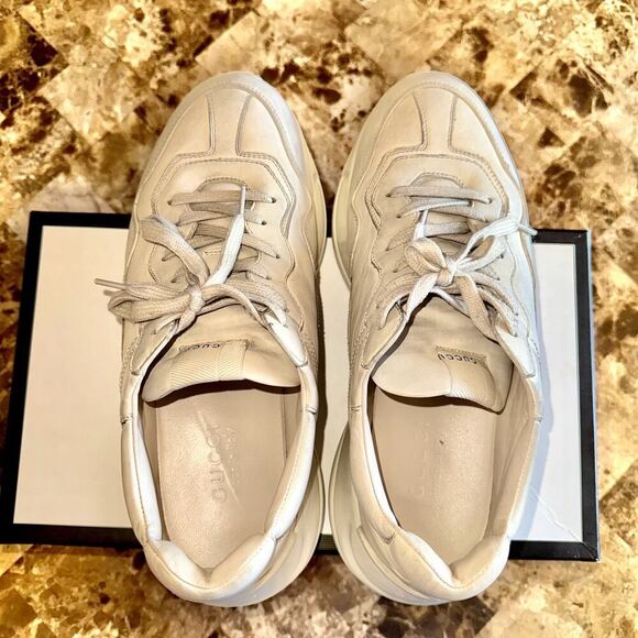 Gucci Rython Men's Distressed Logo Leather Sneakers in Cream - Picture 13 of 14